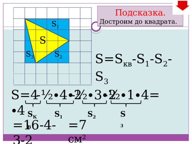 Подсказка. Достроим до квадрата. S 1 S S 3 S 2 S=S кв -S 1 -S 2 -S 3 S= 4∙4 -½∙4∙2 -½∙3∙2 -½∙1∙4= S КВ S 1 S 3 S 2 =7 см 2 =16-4-3-2 