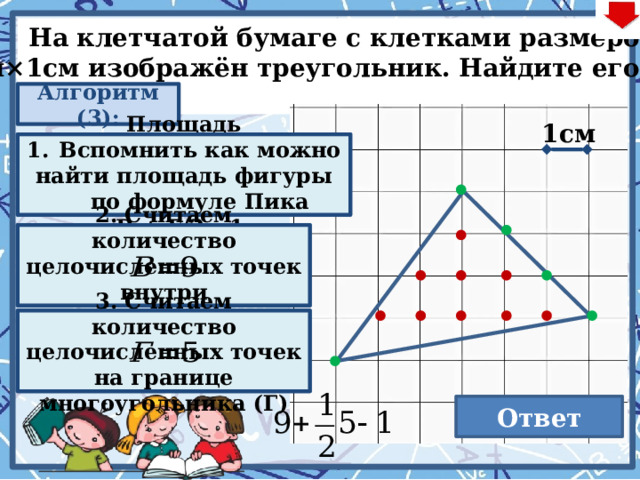  На клетчатой бумаге с клетками размером  1см×1см изображён треугольник. Найдите его S. Алгоритм (3): 1cм Площадь многоугоугольника с целочисленными вершинами равна сумме В + Г/2 – 1 Вспомнить как можно найти площадь фигуры по формуле Пика 2. Считаем количество целочисленных точек внутри многоугольника (В) . Последовательность действий на слайде: Нажимаем кнопку «Алгоритм» Нажимаем на появившийся прямоугольник (анимированная сорбонка) – 3 раза (можно два – в зависимости от целей демонстрации) Нажимаем кнопку «Алгоритм» Нажимаем на второй появившийся прямоугольник (анимированныя сорбонка) – количество определяете в зависимости от целей демонстрации Нажимаем кнопку «Алгоритм» Нажимаем на третий появившийся прямоугольник (анимированныя сорбонка) – для визуализации решений Нажимаем кнопку «Ответ». При этом не забываем выполнить условие задачи. 3. Считаем количество целочисленных точек на границе многоугольника (Г)  Ответ 10,5 55 