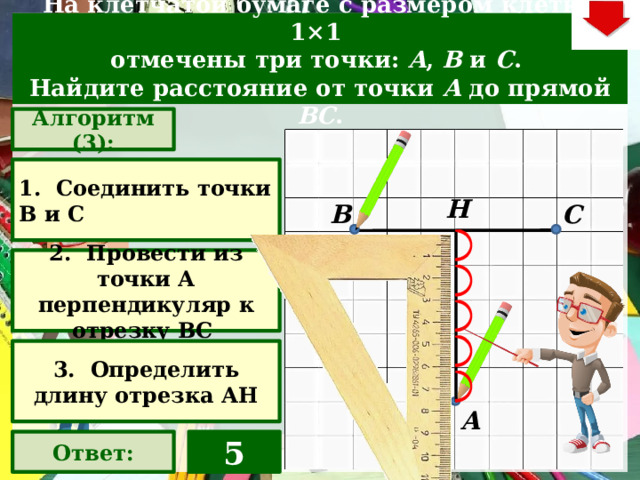 На клетчатой бумаге с размером клетки 1×1  отмечены три точки: A , B  и C . Найдите расстояние от точки A  до прямой BC . Алгоритм (3): 1. Соединить точки В и С Н В С 2. Провести из точки А перпендикуляр к отрезку ВС Слайд объяснения решения задачи. Выполнена настройка триггеров, поэтому учитель сам может организовать сценарий решения задачи. Можно самому объяснить последовательно визуализируя этапы решения задачи, можно наводящими вопросами получить ответы от учеников, а можно предложить учащимся объяснить решения задачи. Алгоритм работы с триггерами Нажимает на прямоугольник «Алгоритм – последовательно три раза «Ответ» В зависимости от сценария урока возможно перейти к следующей задаче – по управляющей кнопке в правом верхнем углу слайда ИЛИ вернуться на слайд выбора следующей задачи 3. Определить длину отрезка АН А 5 Ответ:  