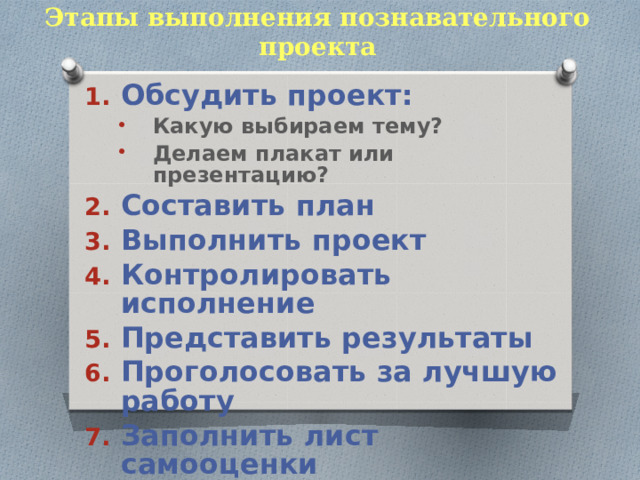 Этапы выполнения познавательного проекта Обсудить проект: Какую выбираем тему? Делаем плакат или презентацию? Какую выбираем тему? Делаем плакат или презентацию? Составить план Выполнить проект Контролировать исполнение Представить результаты Проголосовать за лучшую работу Заполнить лист самооценки  