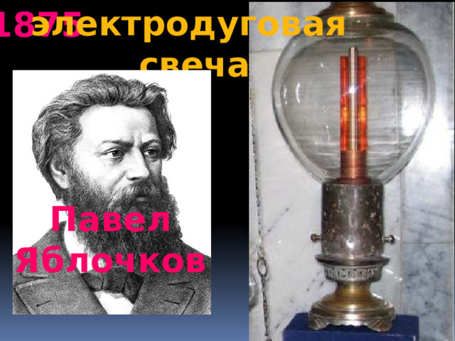 электродуговая свеча 1875 Павел Яблочков 