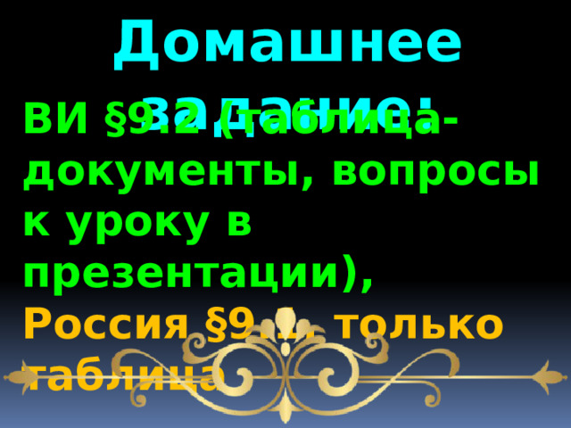 Домашнее задание : ВИ §9.2 (таблица-документы, вопросы к уроку в презентации), Россия §9.1, только таблица 