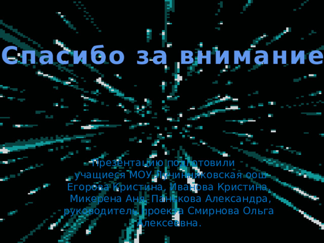 Спасибо за внимание! Презентацию подготовили  учащиеся МОУ Лучинниковская оош  Егорова Кристина, Иванова Кристина,  Микерена Аня, Панькова Александра,  руководитель проекта Смирнова Ольга Алексеевна. 