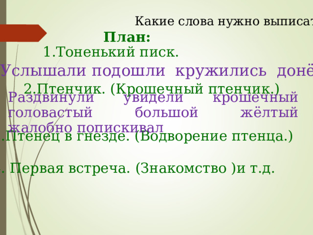 Какие слова нужно выписать? План: 1.Тоненький писк. Услышали подошли кружились донёсся 2.Птенчик. (Крошечный птенчик.) Раздвинули увидели крошечный головастый большой жёлтый жалобно попискивал 3.Птенец в гнезде. (Водворение птенца.) 4. Первая встреча. (Знакомство )и т.д. 