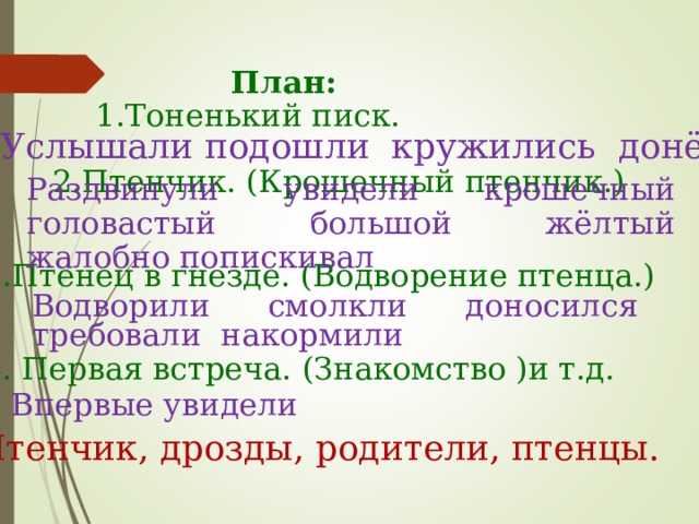 План: 1.Тоненький писк. Услышали подошли кружились донёсся 2.Птенчик. (Крошечный птенчик.) Раздвинули увидели крошечный головастый большой жёлтый жалобно попискивал 3.Птенец в гнезде. (Водворение птенца.) Водворили смолкли доносился требовали накормили 4. Первая встреча. (Знакомство )и т.д. Впервые увидели Птенчик, дрозды, родители, птенцы. 