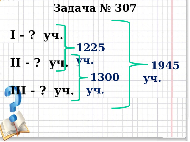 Задача № 307 I - ? уч.  II - ? уч.  III - ? уч. 1225 уч.  1945 уч.  1300 уч. 