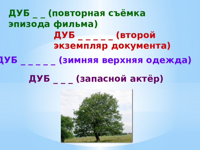 ДУБ _ _ (повторная съёмка эпизода фильма) ДУБ _ _ _ _ _ (второй экземпляр документа) ДУБ _ _ _ _ _ (зимняя верхняя одежда) ДУБ _ _ _ (запасной актёр) 