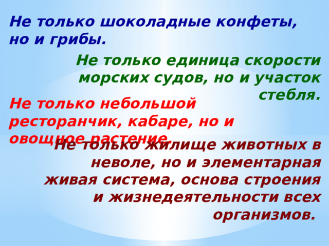 Не только шоколадные конфеты, но и грибы. Не только единица скорости морских судов, но и участок стебля. Не только небольшой ресторанчик, кабаре, но и овощное растение. Не только жилище животных в неволе, но и элементарная живая система, основа строения и жизнедеятельности всех организмов.  