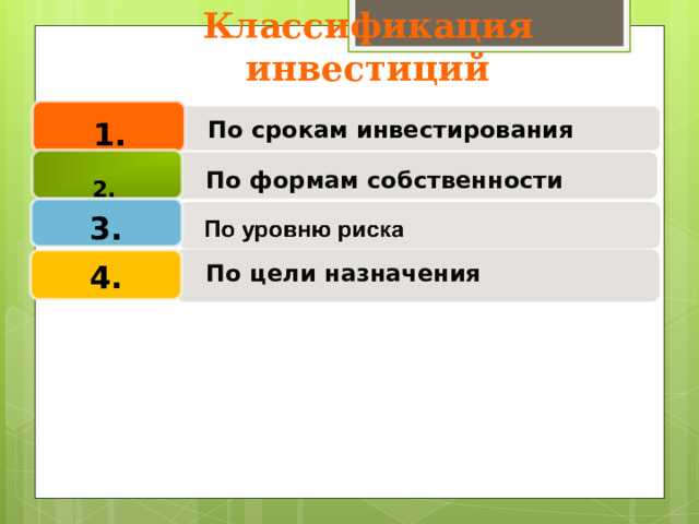 Классификация инвестиций   1. По срокам инвестирования  По формам собственности 2. 2. 3. 4.  По цели назначения 