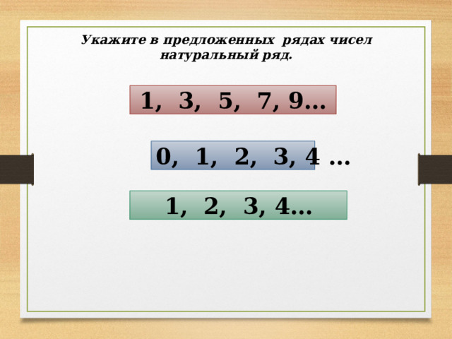 Укажите в предложенных рядах чисел натуральный ряд. 1, 3, 5, 7, 9… 0, 1, 2, 3, 4 … 1, 2, 3, 4… 