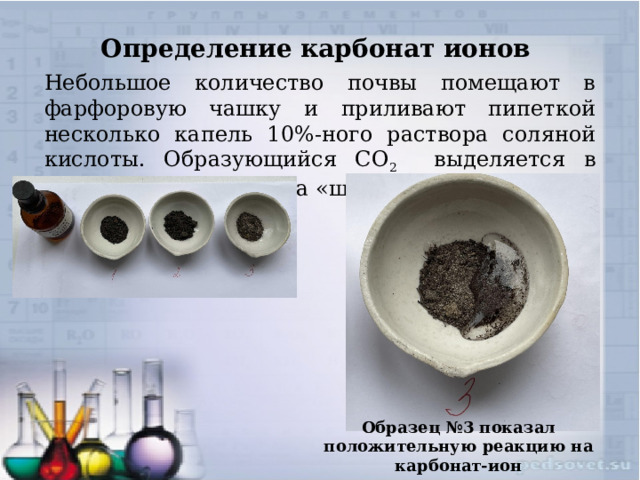 Определение карбонат ионов Небольшое количество почвы помещают в фарфоровую чашку и приливают пипеткой несколько капель 10%-ного раствора соляной кислоты. Образующийся CO 2 выделяется в виде пузырьков (почва «шипит»). Образец №3 показал положительную реакцию на карбонат-ион 
