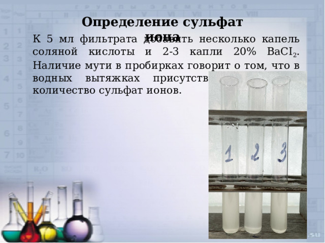 Определение сульфат иона К 5 мл фильтрата добавить несколько капель соляной кислоты и 2-3 капли 20% BaCI 2 . Наличие мути в пробирках говорит о том, что в водных вытяжках присутствует небольшое количество сульфат ионов. 
