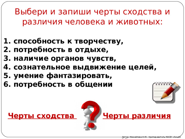 Выбери и запиши черты сходства и различия человека и животных:   1. способность к творчеству,  2. потребность в отдыхе,  3. наличие органов чувств,  4. сознательное выдвижение целей,  5. умение фантазировать,  6. потребность в общении Черты сходства Черты различия Автор: Михайлова Н.М.- преподаватель МАОУ «Лицей № 21 