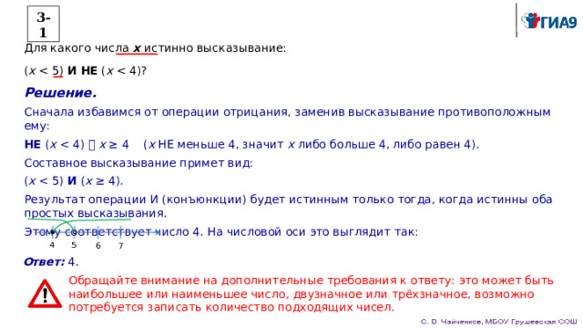 3-1 Для какого числа x истинно высказывание: ( x И НЕ ( x Решение. Сначала избавимся от операции отрицания, заменив высказывание противоположным ему: НЕ ( x x ≥ 4 ( x НЕ меньше 4, значит x либо больше 4, либо равен 4). Составное высказывание примет вид: ( x И ( x ≥ 4). Результат операции И (конъюнкции) будет истинным только тогда, когда истинны оба простых высказывания. Этому соответствует число 4. На числовой оси это выглядит так:         5 4 6 7 Ответ:  4. Обращайте внимание на дополнительные требования к ответу: это может быть наибольшее или наименьшее число, двузначное или трёхзначное, возможно потребуется записать количество подходящих чисел. 