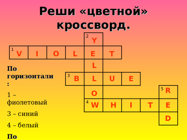 Реши «цветной» кроссворд. 1 2 3 4 5 Y I O L E T V L По горизонтали: 1 – фиолетовый 3 – синий 4 – белый По вертикали: 2 – желтый 5 - красный E L B U R O H I T E W D 