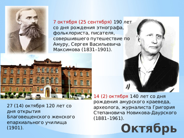 7 октября (25 сентября) 190 лет со дня рождения этнографа, фольклориста, писателя, совершившего путешествие по Амуру, Сергея Васильевича Максимова (1831–1901). 14 (2) октября 140 лет со дня рождения амурского краеведа, археолога, журналиста Григория Степановича Новикова-Даурского (1881–1961). 27 (14) октября 120 лет со дня открытия Благовещенского женского епархиального училища (1901). Октябрь    Октябрь 