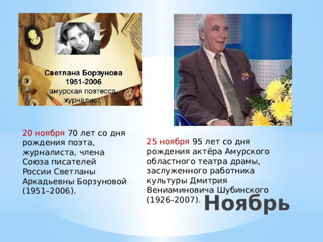 25 ноября 95 лет со дня рождения актёра Амурского областного театра драмы, заслуженного работника культуры Дмитрия Вениаминовича Шубинского (1926–2007). 20 ноября 70 лет со дня рождения поэта, журналиста, члена Союза писателей России Светланы Аркадьевны Борзуновой (1951–2006). Ноябрь 