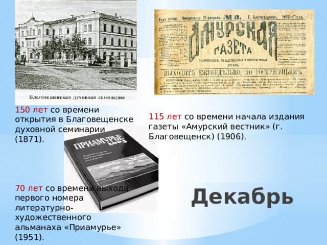150 лет со времени открытия в Благовещенске духовной семинарии (1871). 70 лет со времени выхода первого номера литературно-художественного альманаха «Приамурье» (1951). 115 лет со времени начала издания газеты «Амурский вестник» (г. Благовещенск) (1906).  Декабрь 