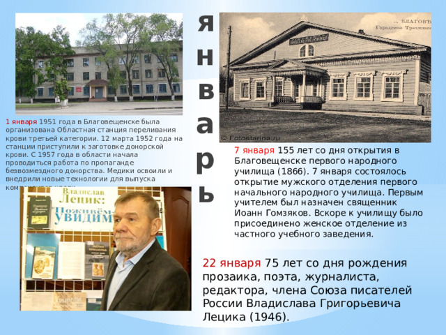 январь 22 января 75 лет со дня рождения прозаика, поэта, журналиста, редактора, члена Союза писателей России Владислава Григорьевича Лецика (1946). 1 января 1951 года в Благовещенске была организована Областная станция переливания крови третьей категории. 12 марта 1952 года на станции приступили к заготовке донорской крови. С 1957 года в области начала проводиться работа по пропаганде безвозмездного донорства. Медики освоили и внедрили новые технологии для выпуска компонентов крови. 7 января 155 лет со дня открытия в Благовещенске первого народного училища (1866). 7 января состоялось открытие мужского отделения первого начального народного училища. Первым учителем был назначен священник Иоанн Гомзяков. Вскоре к училищу было присоединено женское отделение из частного учебного заведения. 