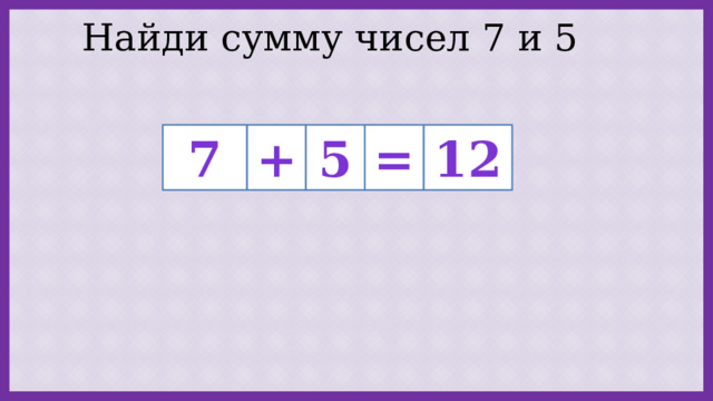 Найди сумму чисел 7 и 5 + 5 = 12 7 