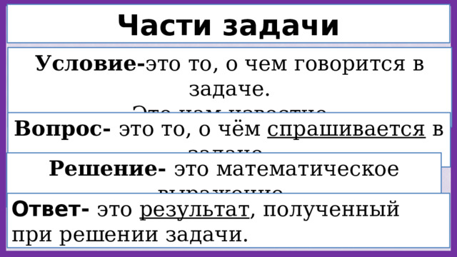 Части задачи Условие- это то, о чем говорится в задаче.  Это нам известно. Вопрос- это то, о чём спрашивается в задаче . Решение- это математическое выражение. Ответ- это результат , полученный при решении задачи. 