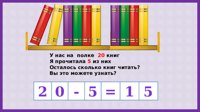 У нас на полке 20 книг Я прочитала 5 из них Осталось сколько книг читать? Вы это можете узнать? 0 - 5 = 2 1 5 