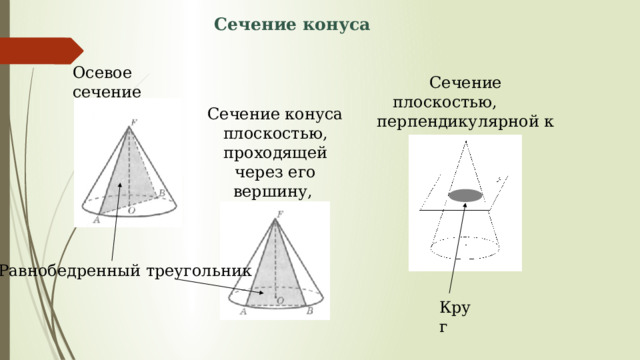 Сечение конуса Осевое сечение Сечение плоскостью, перпендикулярной к оси Сечение конуса  плоскостью, проходящей через его вершину, но не ось Равнобедренный треугольник Круг 