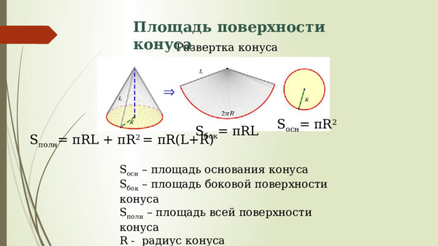 Площадь поверхности конуса Развертка конуса   S осн = πR 2 S бок = πRL S полн = πRL + πR 2 = πR(L+R) S осн – площадь основания конуса S бок – площадь боковой поверхности конуса S полн – площадь всей поверхности конуса R - радиус конуса L – образующая конуса 