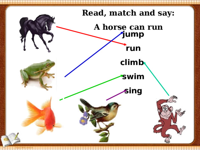 Read, match and say: A horse can run jump run climb swim sing 