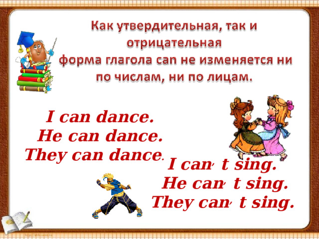 I can dance.  He can dance. They can dance . I can , t sing.  He can , t sing. They can , t sing. 