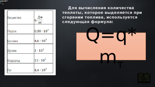  Для вычисления количества теплоты, которое выделяется при сгорании топлива, используется следующая формула:  Q=q*m т 