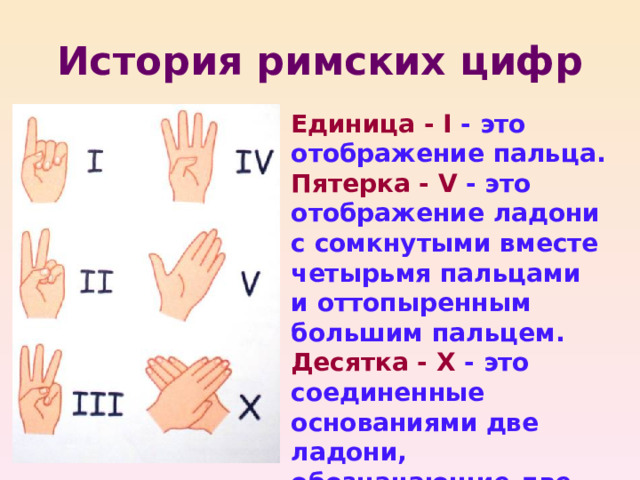 История римских цифр Единица - I - это отображение пальца. Пятерка - V - это отображение ладони с сомкнутыми вместе четырьмя пальцами и оттопыренным большим пальцем. Десятка - Х - это соединенные основаниями две ладони, обозначающие две пятерки. 