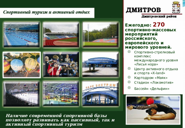 Ежегодно: 270 спортивно-массовых мероприятий российского, европейского и мирового уровней. Спортивно-стрелковый комплекс международного уровня «Лисья нора» Центр активного отдыха и спорта «Х-land» Картодром «Маяк» Стадион «Локомотив» Бассейн «Дельфин»   Наличие современной спортивной базы позволяет развивать как пассивный, так и активный спортивный туризм 