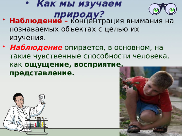 Как мы изучаем природу? Наблюдение – концентрация внимания на познаваемых объектах с целью их изучения.  Наблюдение опирается, в основном, на такие чувственные способности человека, как ощущение, восприятие, представление. 