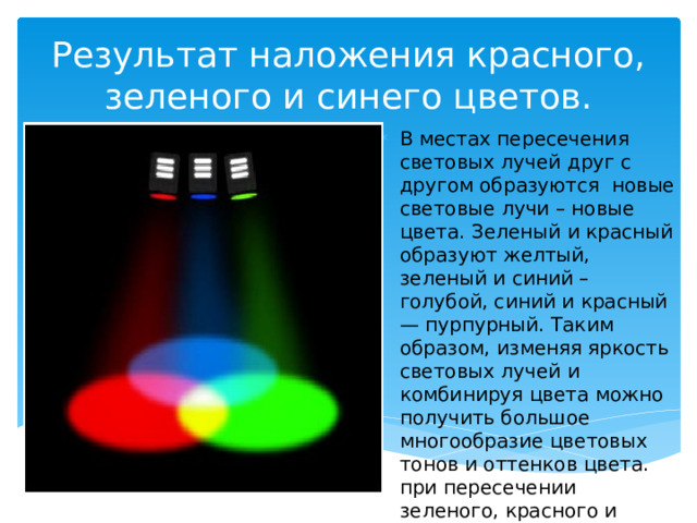 Результат наложения красного, зеленого и синего цветов. В местах пересечения световых лучей друг с другом образуются новые световые лучи – новые цвета. Зеленый и красный образуют желтый, зеленый и синий – голубой, синий и красный — пурпурный. Таким образом, изменяя яркость световых лучей и комбинируя цвета можно получить большое многообразие цветовых тонов и оттенков цвета. при пересечении зеленого, красного и синего цветов образуется белый цвет. 