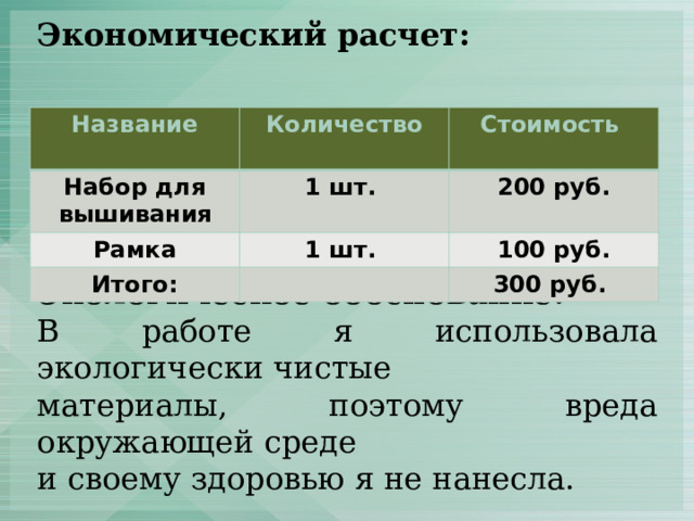  Экономический расчет:        Экологическое обоснование: В работе я использовала экологически чистые материалы, поэтому вреда окружающей среде и своему здоровью я не нанесла. Название Количество Набор для Стоимость  вышивания  1 шт. Рамка  200 руб. 1 шт. Итого: 100 руб. 300 руб. 