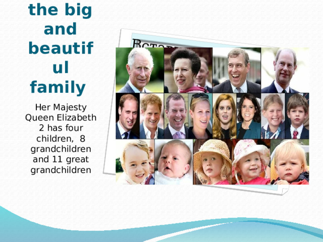 Вставка рисунка All members of the big and beautiful family Her Majesty Queen Elizabeth 2 has four children, 8 grandchildren and 11 great grandchildren 