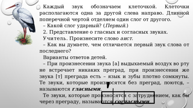 Каждый звук обозначаем клеточкой. Клеточки располагаются одна за другой слева направо. Длинной поперечной чертой отделяем один слог от другого. – Какой слог ударный? ( Первый .) 2. Представление о гласных и согласных звуках. Учитель . Произнесите слово аист . – Как вы думаете, чем отличается первый звук слова от последнего? Варианты ответов детей. – При произнесении звука [a] выдыхаемый воздух во рту не встречает никаких преград, при произнесении же звука [т] преграда есть – язык и зубы плотно сомкнуты. Те звуки, которые произносятся без преград, поются, – называются гласными . Те звуки, которые произносятся с затруднением, как бы через преграду, называются согласными . 