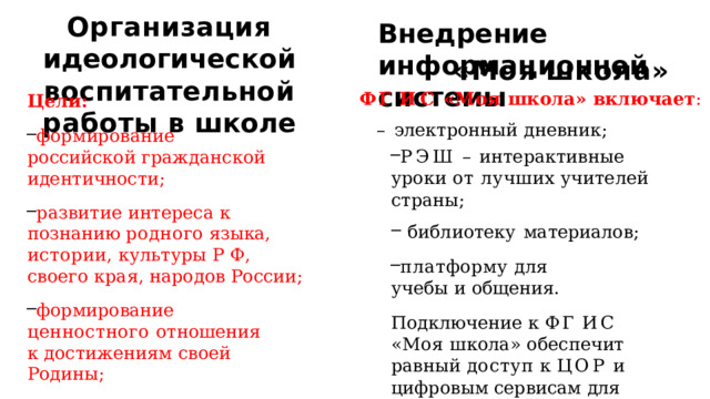 Организация идеологической воспитательной работы  в  школе Внедрение информационной системы «Моя  школа» Цели: формирование  российской гражданской  идентичности; развитие  интереса  к  познанию родного  языка,  истории,  культуры Р  Ф,  своего края,  народов  России; формирование ценностного  отношения  к достижениям  своей  Родины; уважение  к  символам  России, государственным  праздникам, историческому  наследию, ФГ  ИС  «Моя  школа»  включает : –  электронный  дневник; РЭШ  –  интерактивные  уроки  от лучших учителей  страны; библиотеку  материалов; платформу  для  учебы  и общения. Подключение  к  ФГ  ИС  «Моя школа»  обеспечит  равный  доступ к  ЦОР  и  цифровым  сервисам  для учеников,  учителей  и  родителей.  