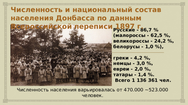 Численность и национальный состав населения Донбасса по данным Всероссийской переписи 1897 г.   Русские - 86,7 %  (малороссы - 62,5 %, великороссы - 24,2 %, белорусы - 1,0 %),   греки - 4,2 %,  немцы - 3,0 %,  евреи - 2,0 %,  татары - 1,4 %.  Всего 1 136 361 чел.   Численность населения варьировалась от 470.000 ~523.000 человек. 