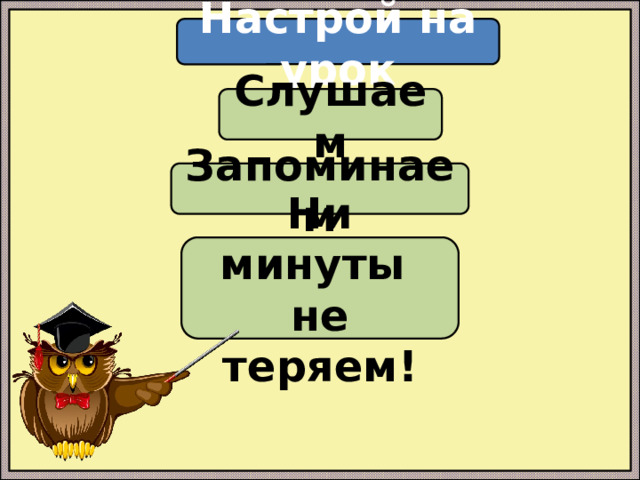 Настрой на урок Слушаем Запоминаем Ни минуты не теряем! 