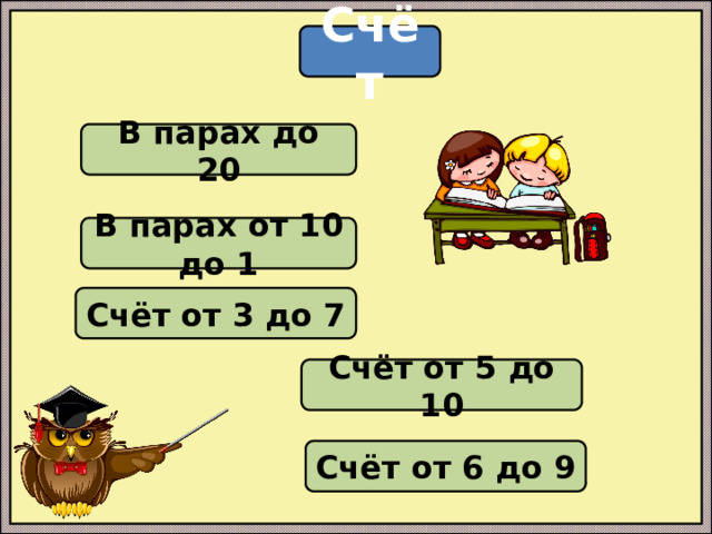 Счёт В парах до 20 В парах от 10 до 1 Счёт от 3 до 7 Счёт от 5 до 10 Счёт от 6 до 9 