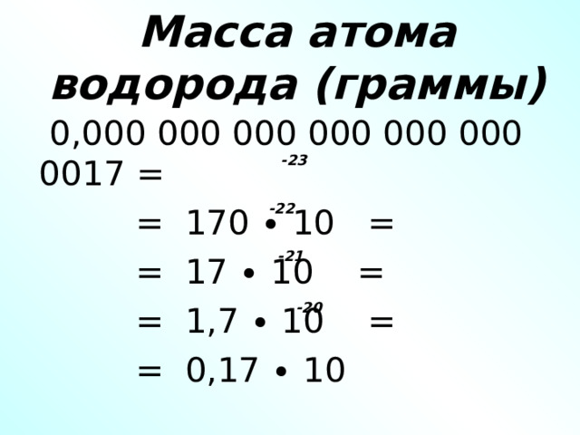 Масса атома водорода (граммы)  0,000 000 000 000 000 000 0017 =  = 170 ∙ 10 =  = 17 ∙ 10 =  = 1,7 ∙ 10 =  = 0,17 ∙ 10 -23 -22 -21 -20 