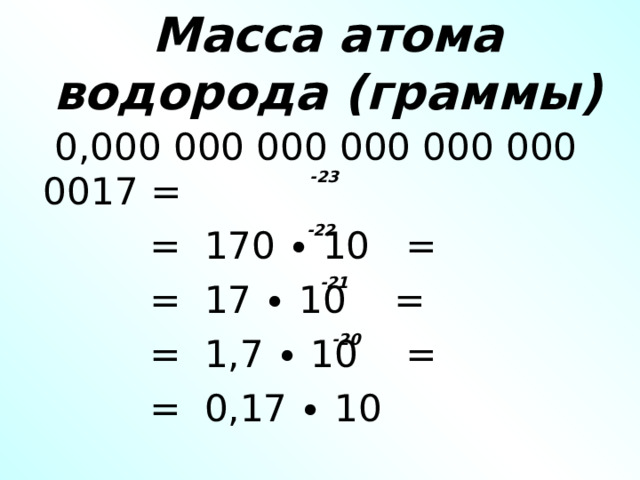 Масса атома водорода (граммы)  0,000 000 000 000 000 000 0017 =  = 170 ∙ 10 =  = 17 ∙ 10 =  = 1,7 ∙ 10 =  = 0,17 ∙ 10 -23 -22 -21 -20 