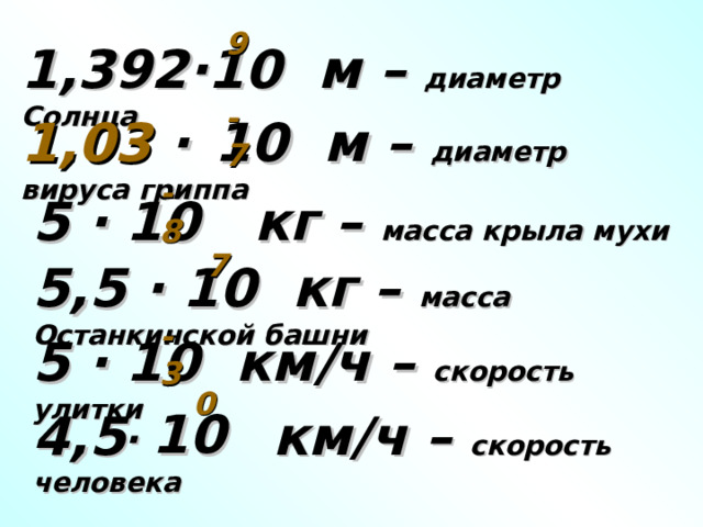 9 1,392∙10 м – диаметр Солнца -7 1,03 ∙  10 м – диаметр вируса гриппа -8 5 ∙ 10 кг – масса крыла мухи 7 5,5 ∙ 10 кг – масса Останкинской башни -3 5 ∙ 10 км/ч – скорость улитки 0 ∙ 10 4,5 км/ч – скорость человека 