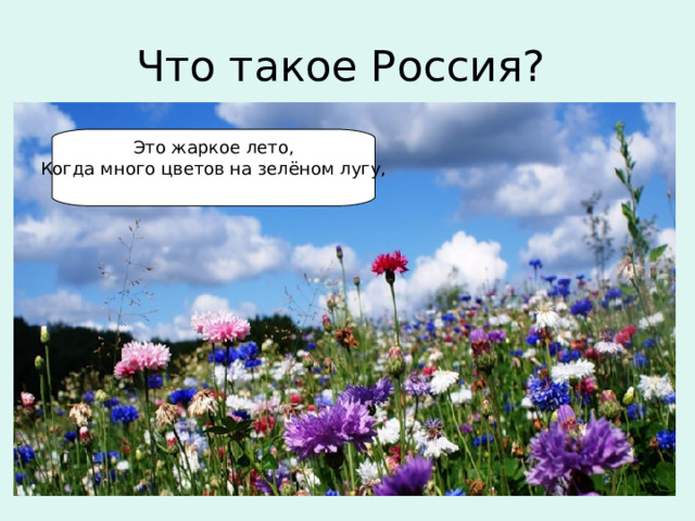 Что такое Россия? Это жаркое лето,  Когда много цветов на зелёном лугу,    