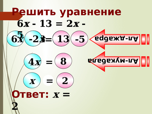 Ал-джабра Ал-мукабала Решить уравнение 6 х - 13 = 2 х - 5 6 х - 13 = 2 х - 5 2 х -13 13 -2 х 6 х -5 = 8 4 х = х 2 = Ответ:  х = 2 