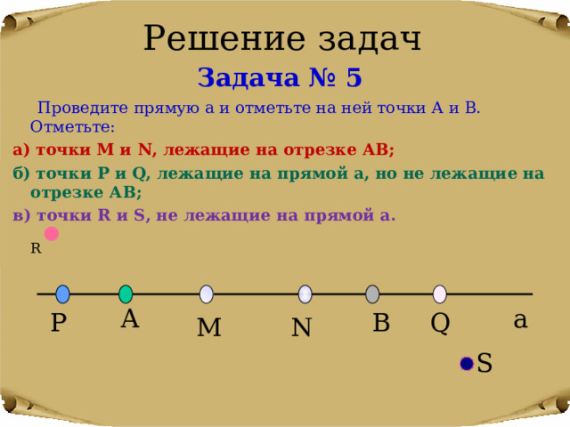 Решение задач Задача № 5  Проведите прямую а и отметьте на ней точки А и В. Отметьте: а) точки М и N , лежащие на отрезке АВ; б) точки P и Q , лежащие на прямой а, но не лежащие на отрезке АВ; в) точки R и S , не лежащие на прямой а. R a А P Q В N М S 