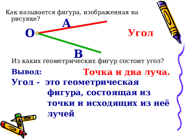 Как называется фигура, изображенная на рисунке? А О  Угол В Из каких геометрических фигур состоит угол?  Точка и два луча. Вывод: Угол - это геометрическая  фигура, состоящая из  точки и исходящих из неё  лучей 