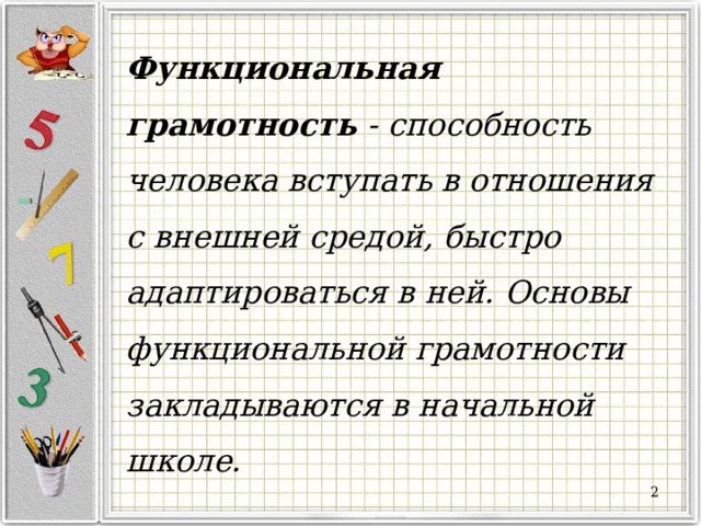 Функциональная грамотность - способность человека вступать в отношения с внешней средой, быстро адаптироваться в ней. Основы функциональной грамотности закладываются в начальной школе.  